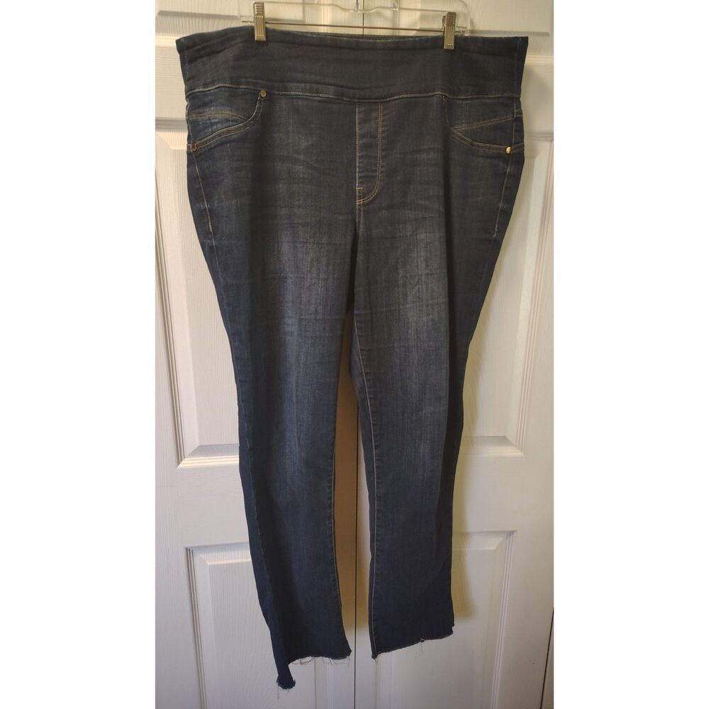 Seven7 Women's Plus 18W Pull-On High Rise Slimming Jeans Frayed Hem Dark Wash